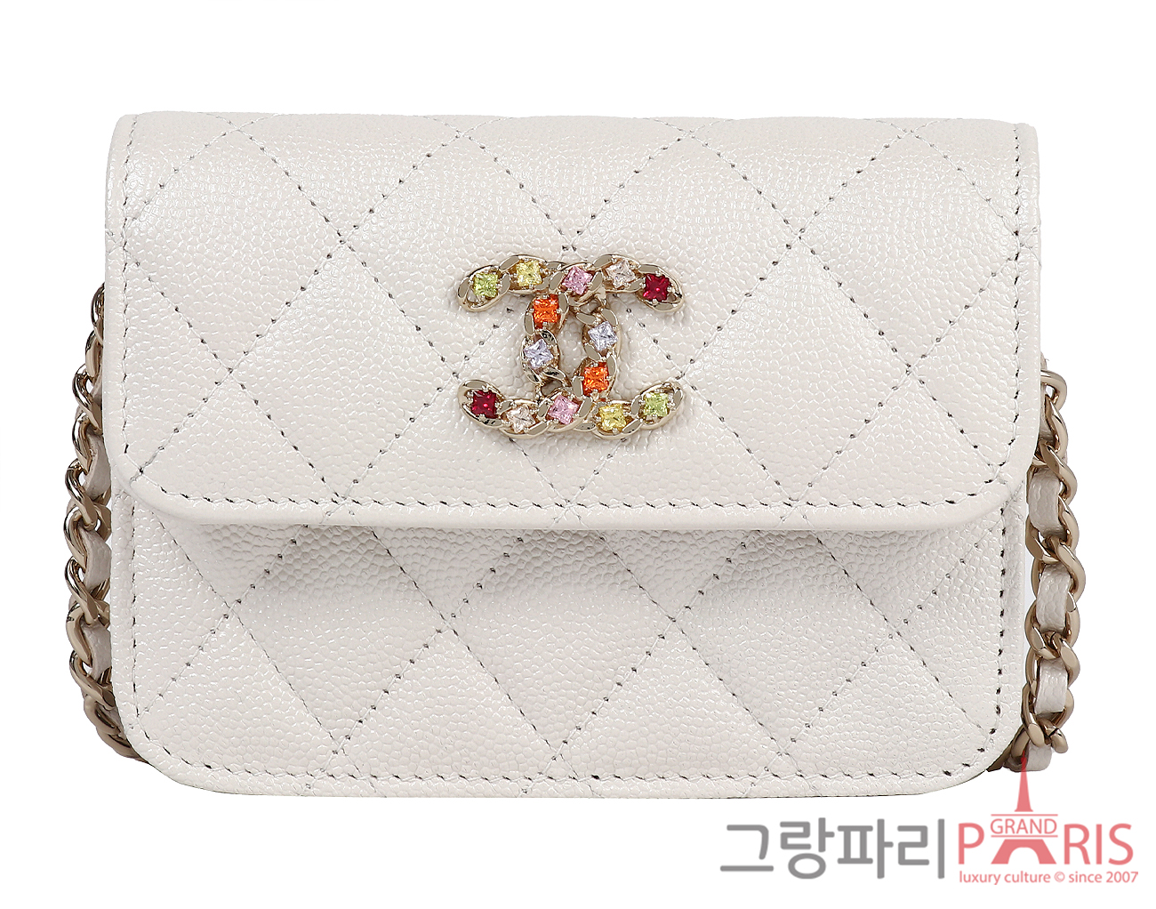 샤넬 잼스톤 CC 체인 카드 홀더 화이트 샴페인골드 캐비어