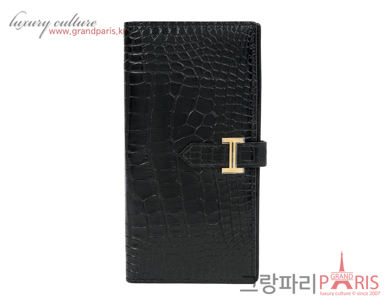 에르메스 베안 장지갑 매트 엘리게이터 블랙 금장 U
