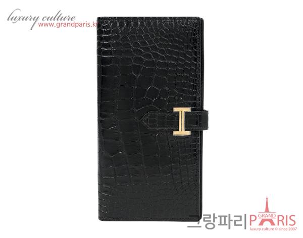 에르메스 베안 장지갑 매트 엘리게이터 블랙 금장 U