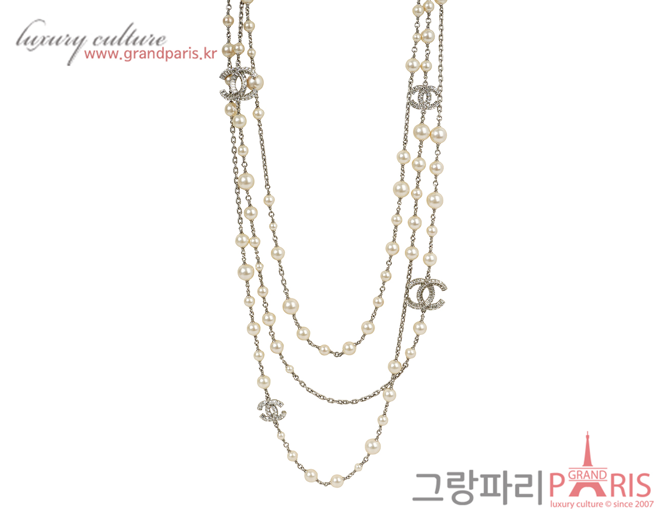 샤넬 바게트 크리스탈 펄 3 Row 롱 네크리스
