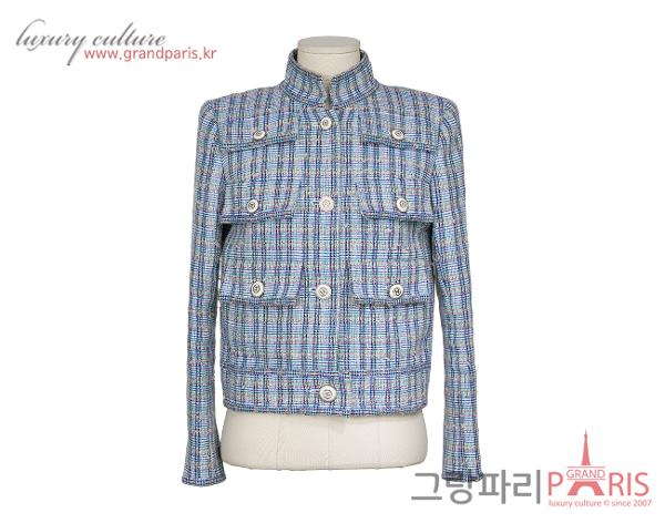 샤넬 우븐 트위드 차이나카라 재킷 블루 화이트 멀티컬러 34
