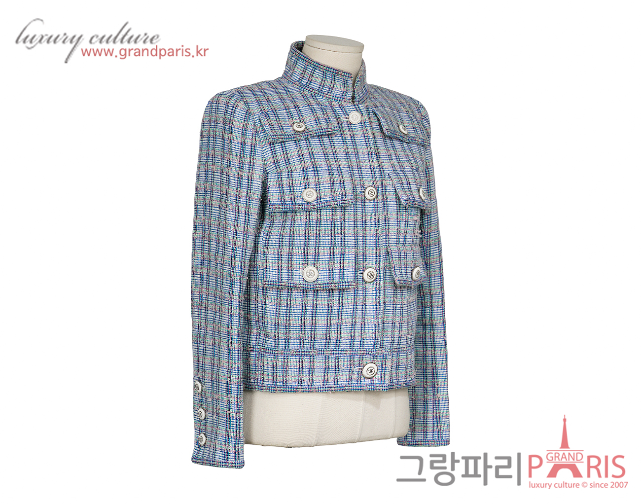 샤넬 우븐 트위드 차이나카라 재킷 블루 화이트 멀티컬러 34