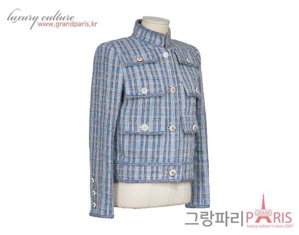 샤넬 우븐 트위드 차이나카라 재킷 블루 화이트 멀티컬러 34