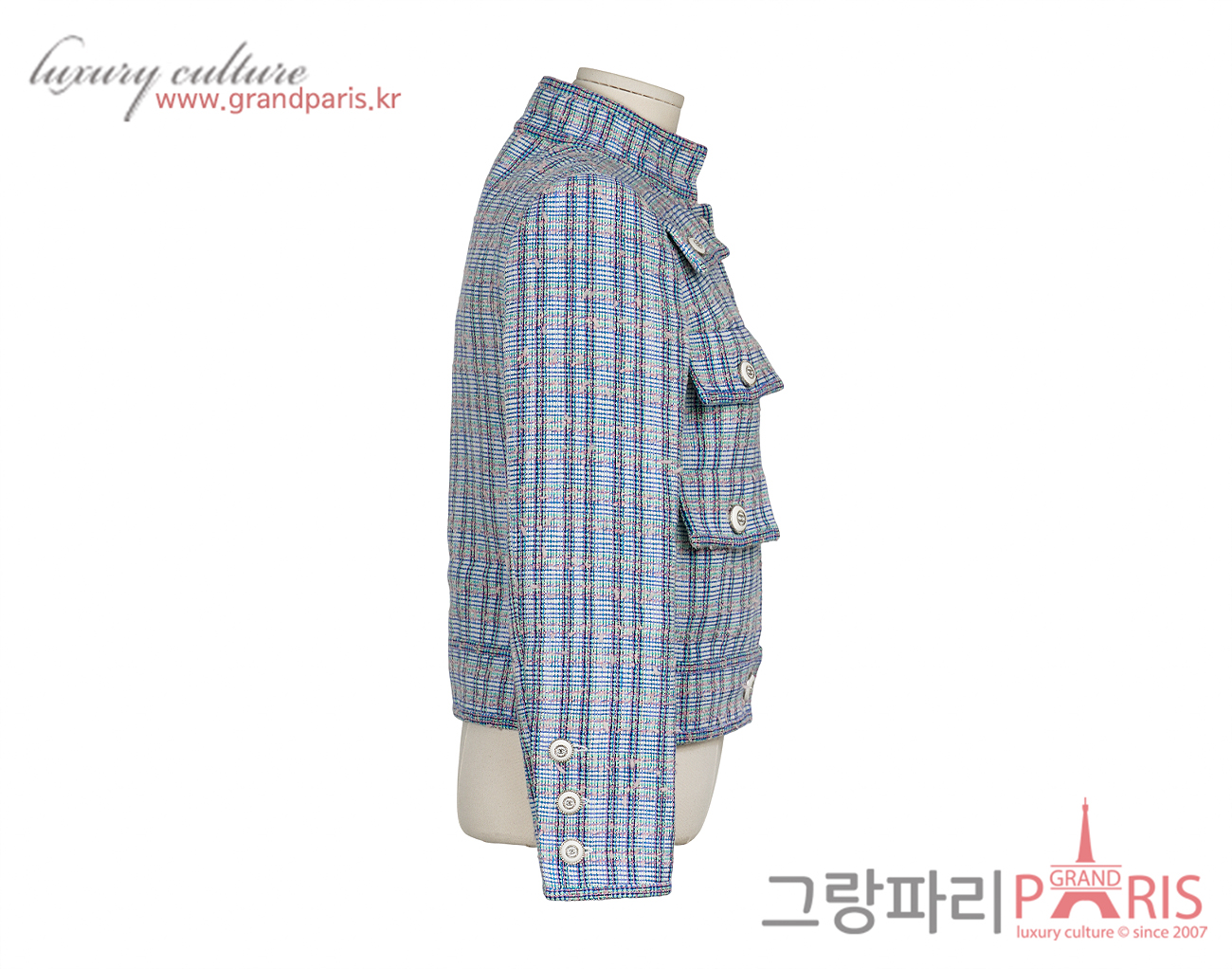 샤넬 우븐 트위드 차이나카라 재킷 블루 화이트 멀티컬러 34