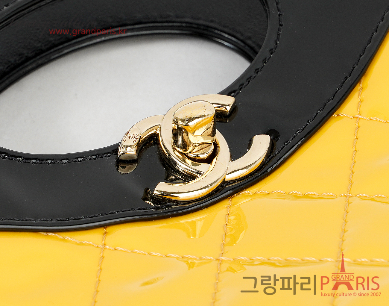 샤넬 31 미니 쇼핑백 페이턴트 블랙 옐로우 샴페인골드