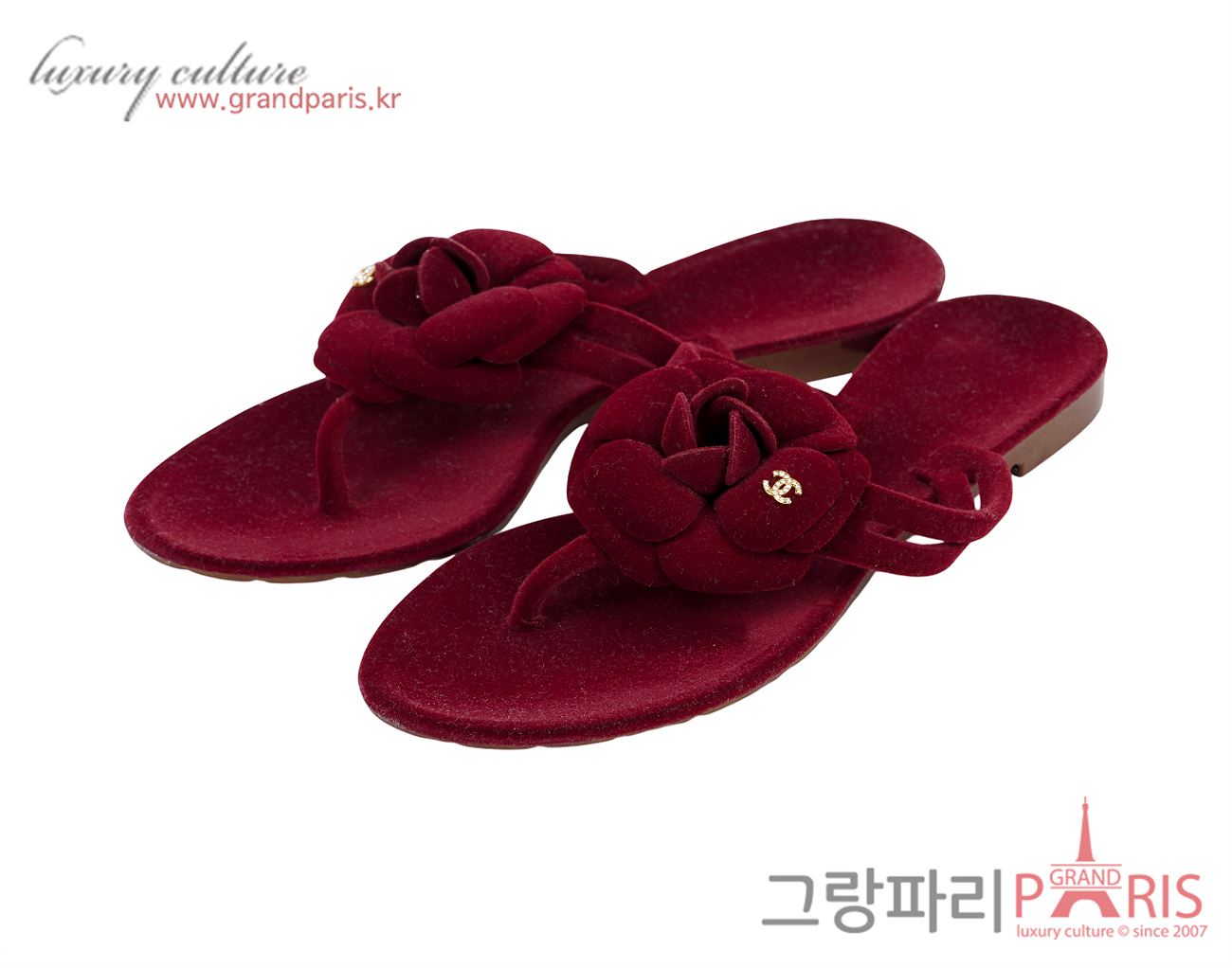 샤넬 까멜리아 벨벳 샌들 버건디 36
