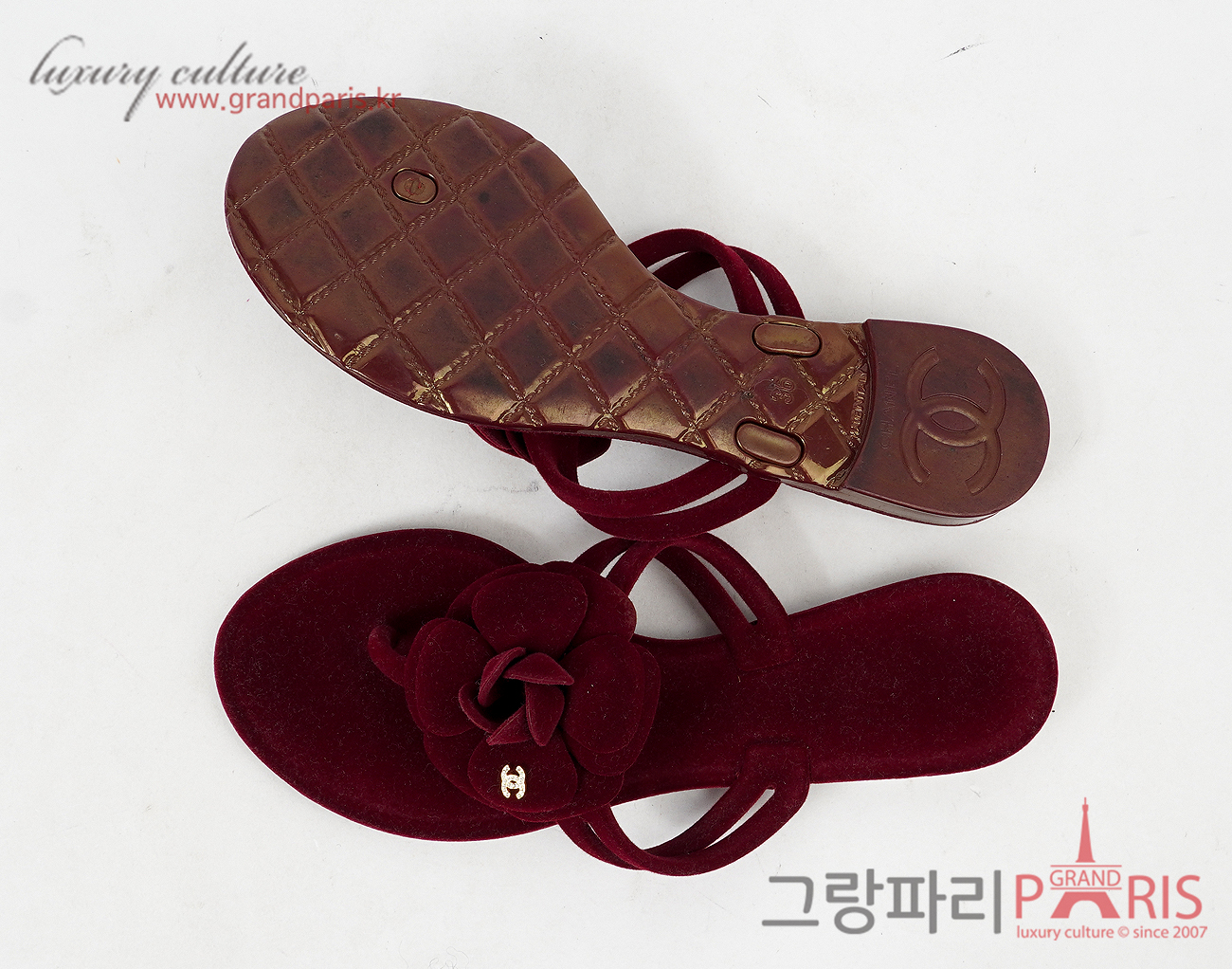 샤넬 까멜리아 벨벳 샌들 버건디 36