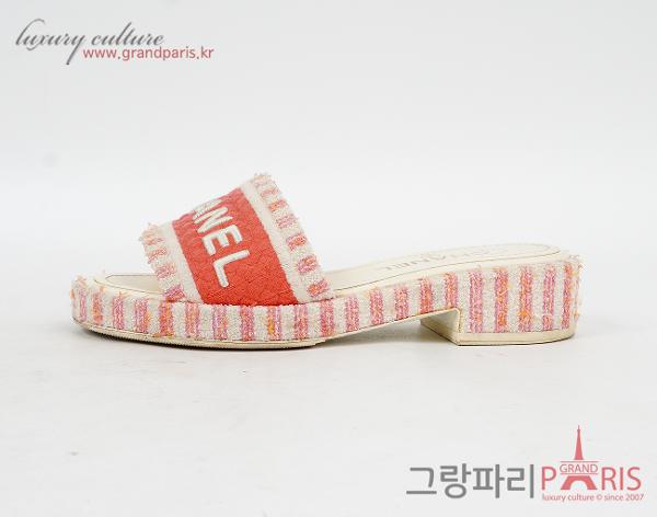 샤넬 트위드 로고 엠브로이더 뮬 아이보리 핑크 베이지 36