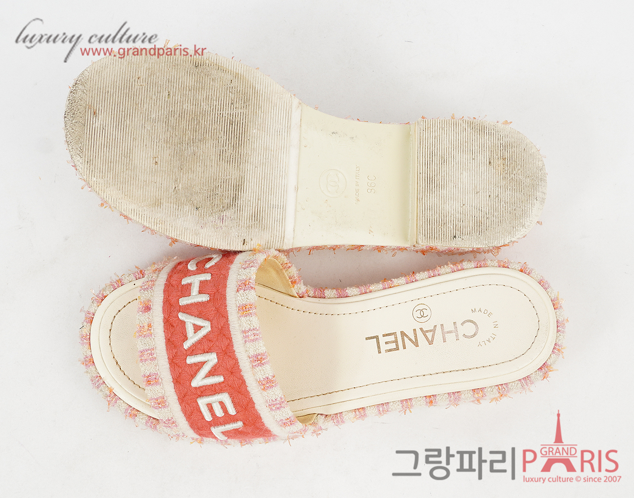 샤넬 트위드 로고 엠브로이더 뮬 아이보리 핑크 베이지 36