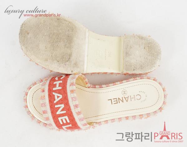 샤넬 트위드 로고 엠브로이더 뮬 아이보리 핑크 베이지 36