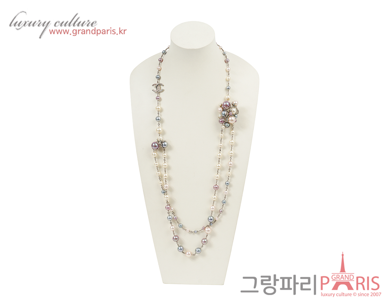 샤넬 멀티컬러 펄 크로스볼 네크리스