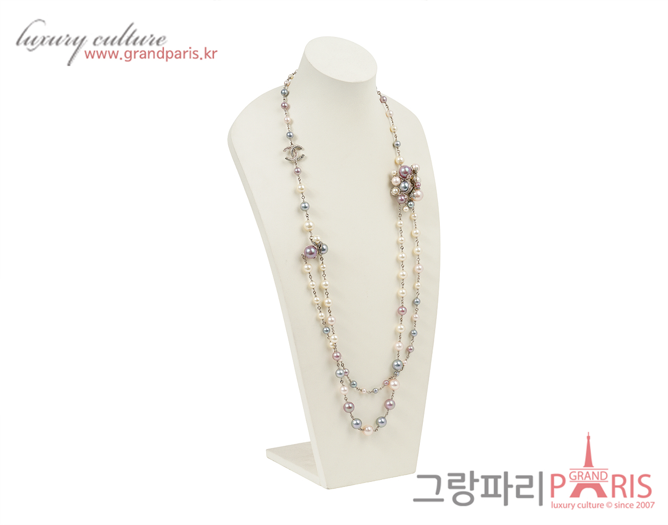 샤넬 멀티컬러 펄 크로스볼 네크리스