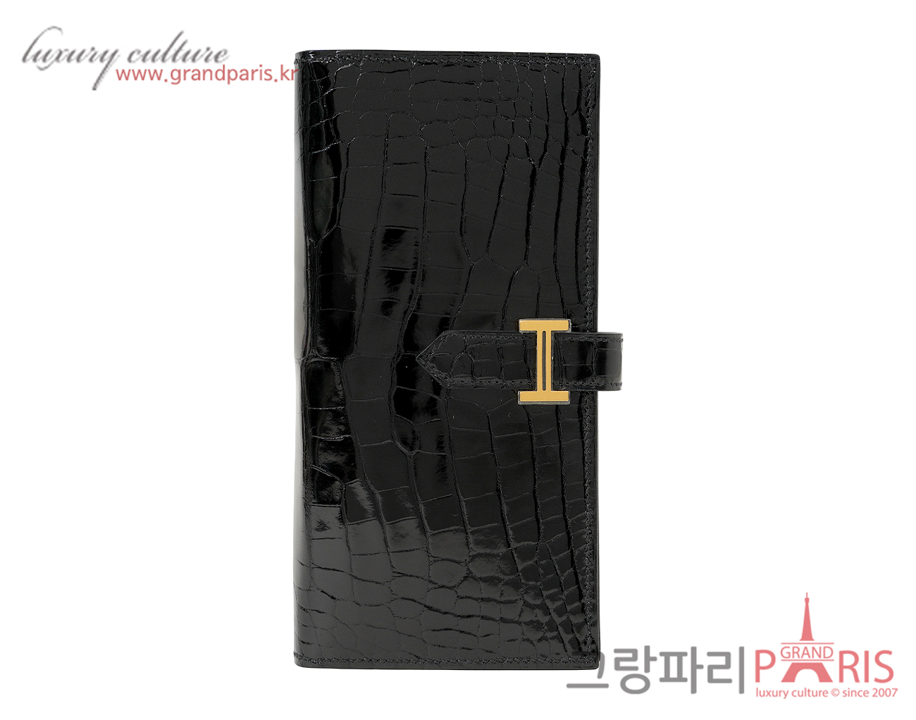 에르메스 베안 장지갑 리쎄 엘리게이터 블랙 금장 K