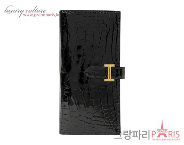 에르메스 베안 장지갑 리쎄 엘리게이터 블랙 금장 K