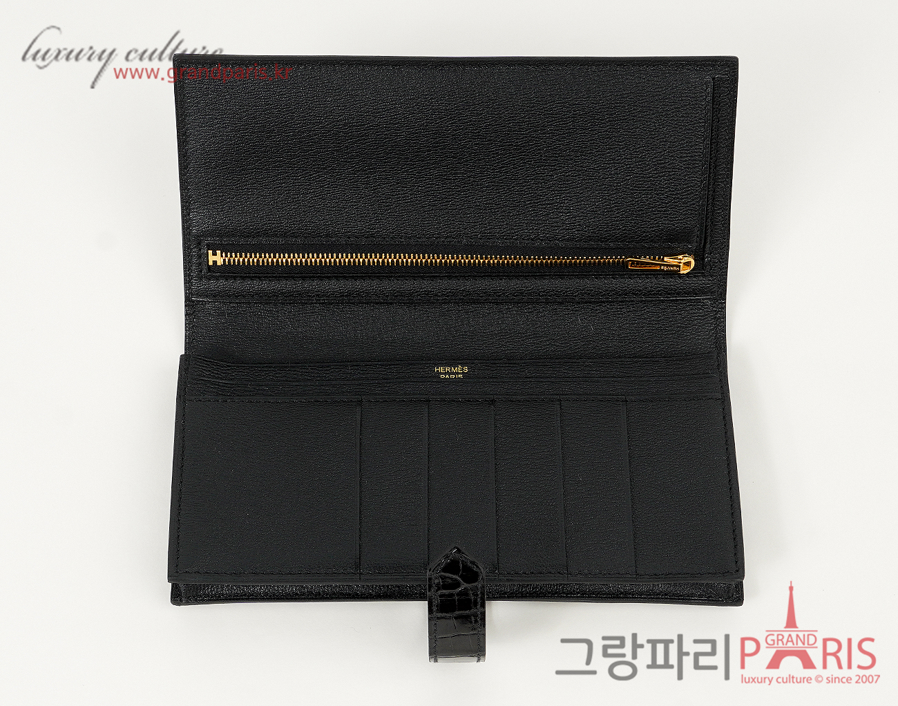 에르메스 베안 장지갑 리쎄 엘리게이터 블랙 금장 K