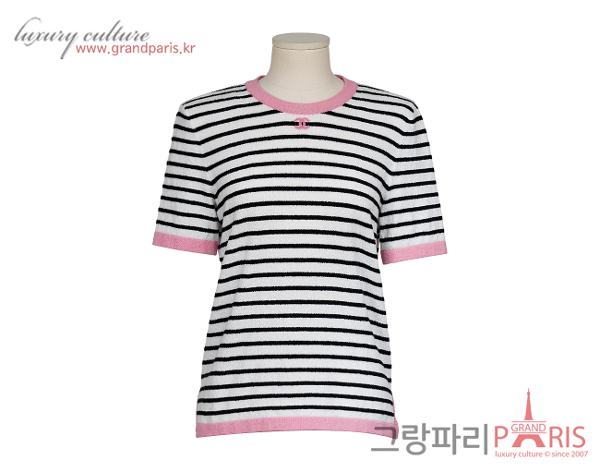 샤넬 테리 스트라이프 숏 슬리브 화이트 블랙 핑크 36