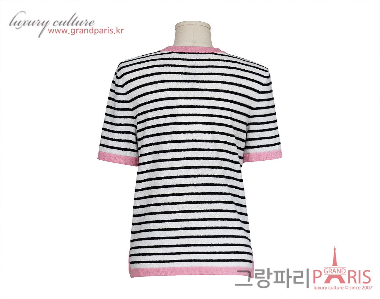 샤넬 테리 스트라이프 숏 슬리브 화이트 블랙 핑크 36