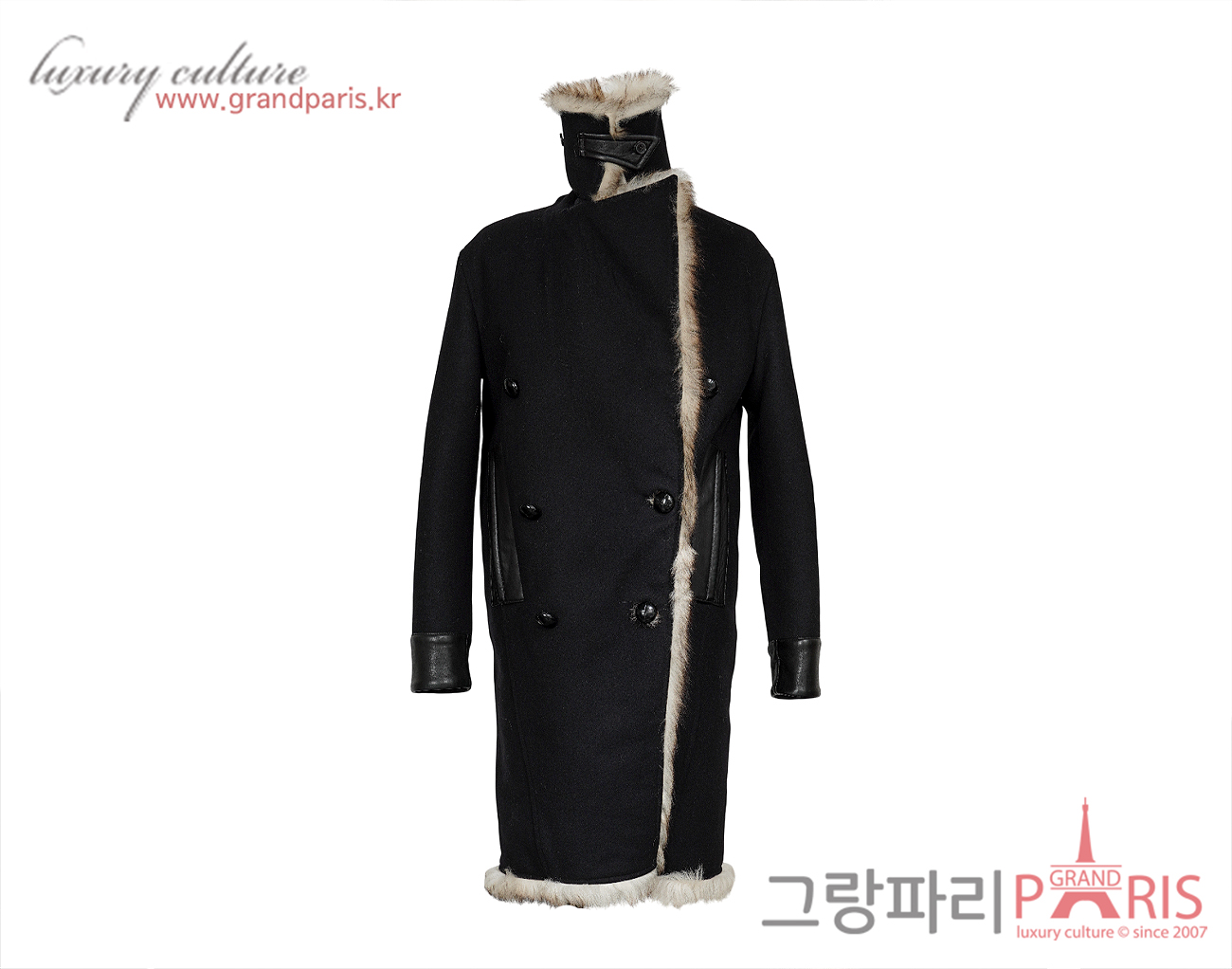 톰포드 퍼 카라 라이닝 레더 트리밍 롱코트 블랙 34