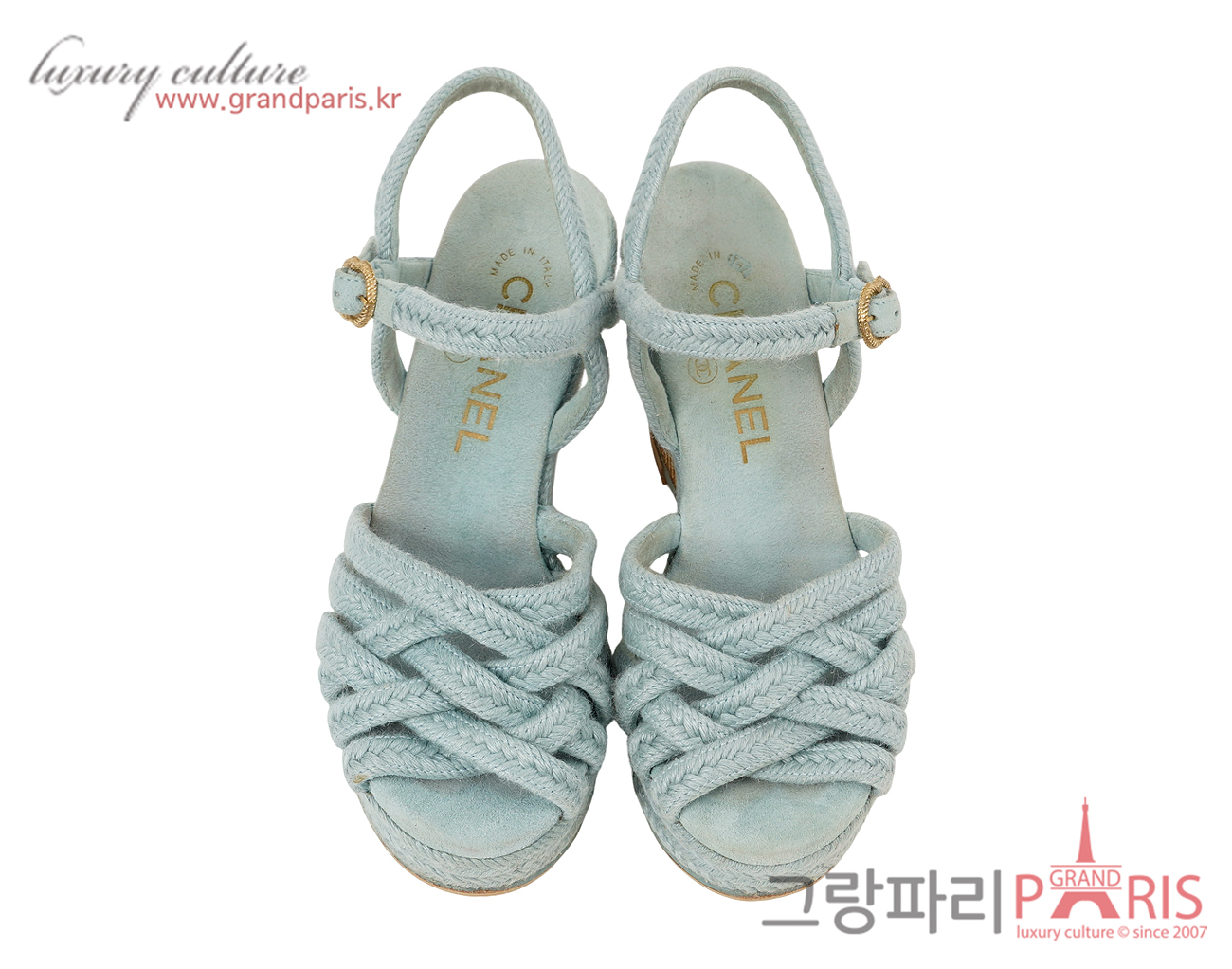 샤넬 웨지 샌들 라이트 블루 골드 35C