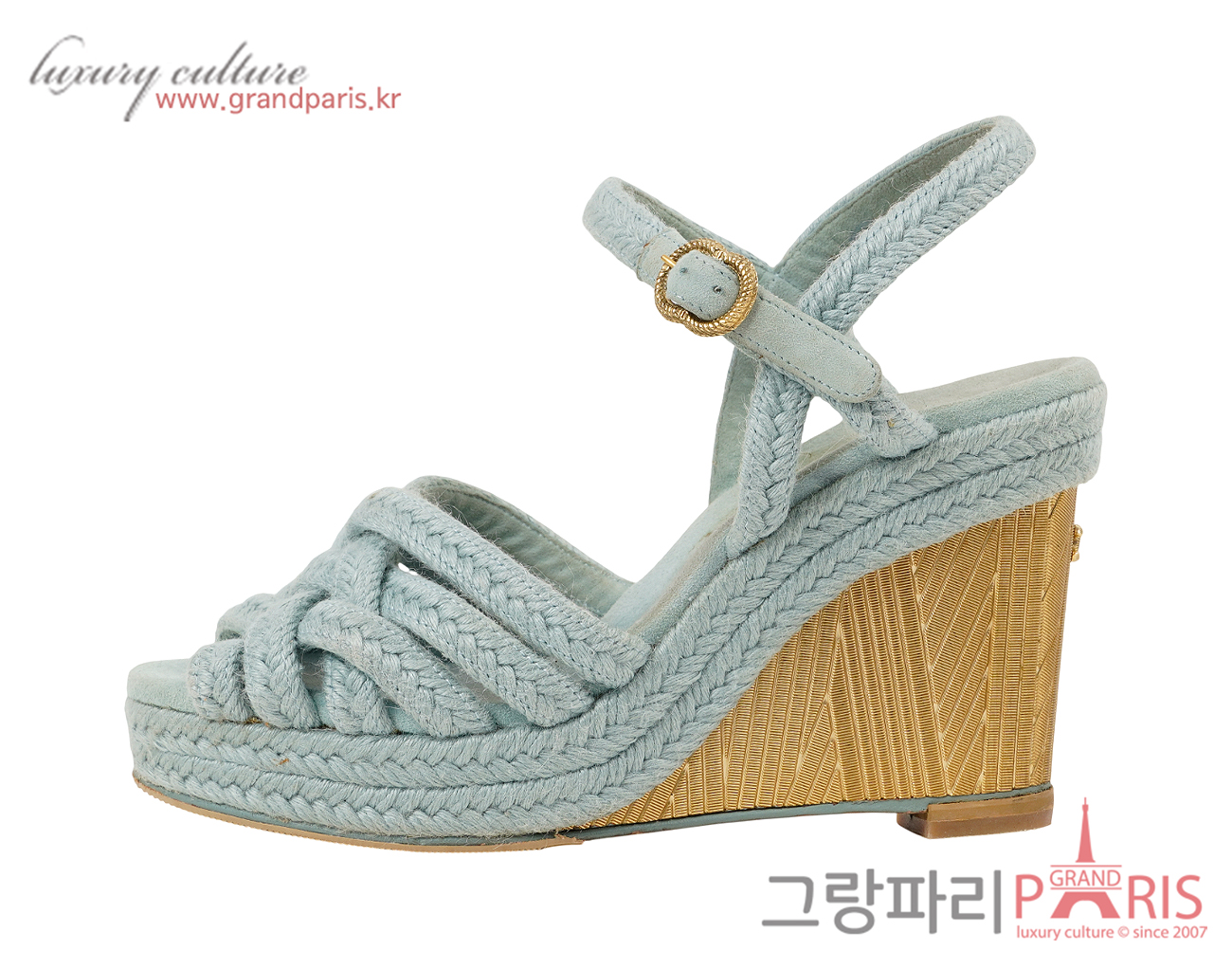 샤넬 웨지 샌들 라이트 블루 골드 35C