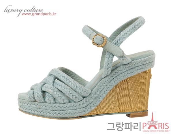 샤넬 웨지 샌들 라이트 블루 골드 35C