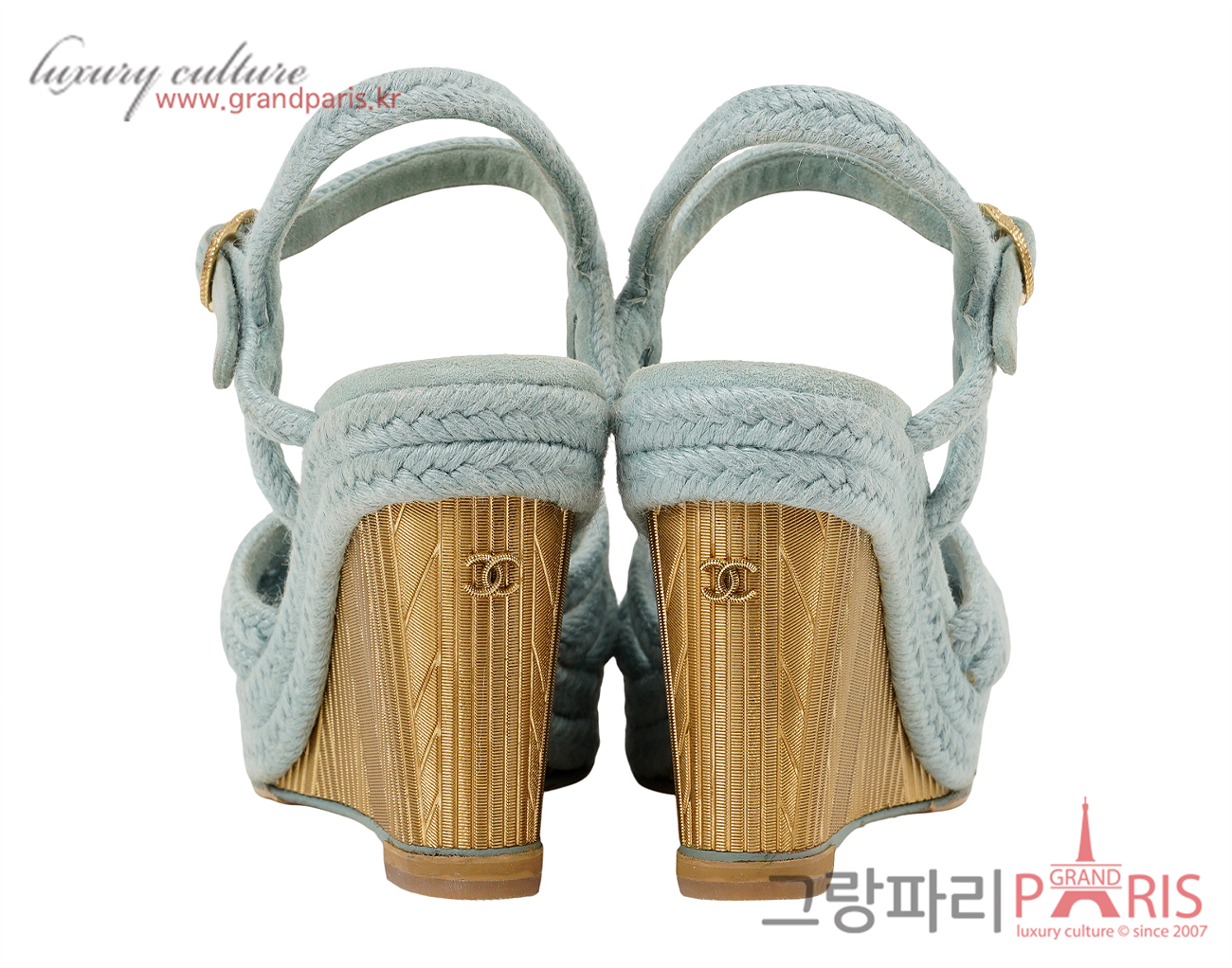샤넬 웨지 샌들 라이트 블루 골드 35C