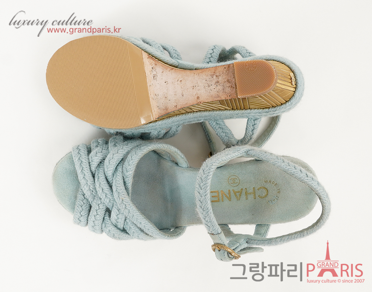 샤넬 웨지 샌들 라이트 블루 골드 35C