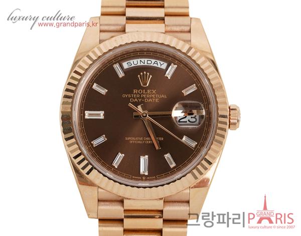 로렉스 데이데이트 40mm 로즈골드 바게트 다이아몬드 초코판 228235