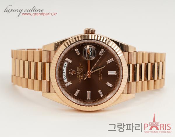 로렉스 데이데이트 40mm 로즈골드 바게트 다이아몬드 초코판 228235