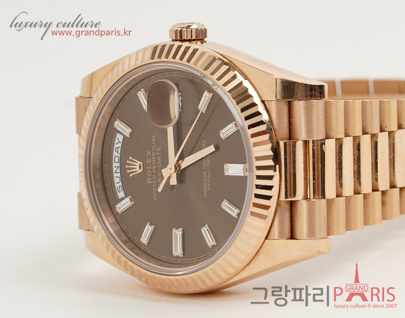 로렉스 데이데이트 40mm 로즈골드 바게트 다이아몬드 초코판 228235