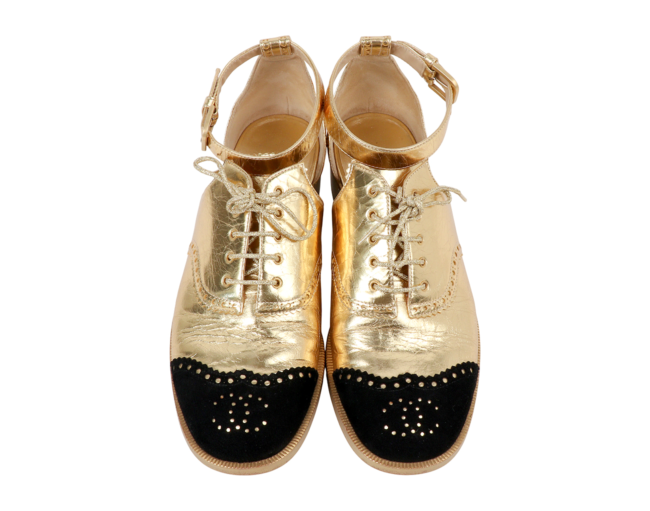 샤넬 CC 브로그 레이스업 앵클 스트랩 샌들 골드 블랙 38 1/2