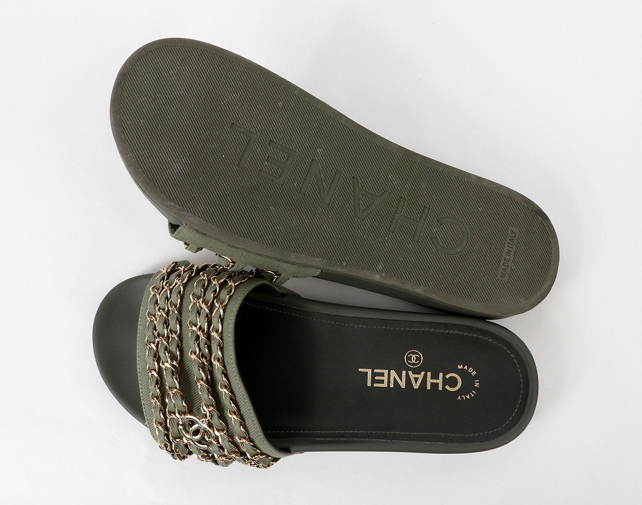 샤넬 CC 체인 뮬 카키 38