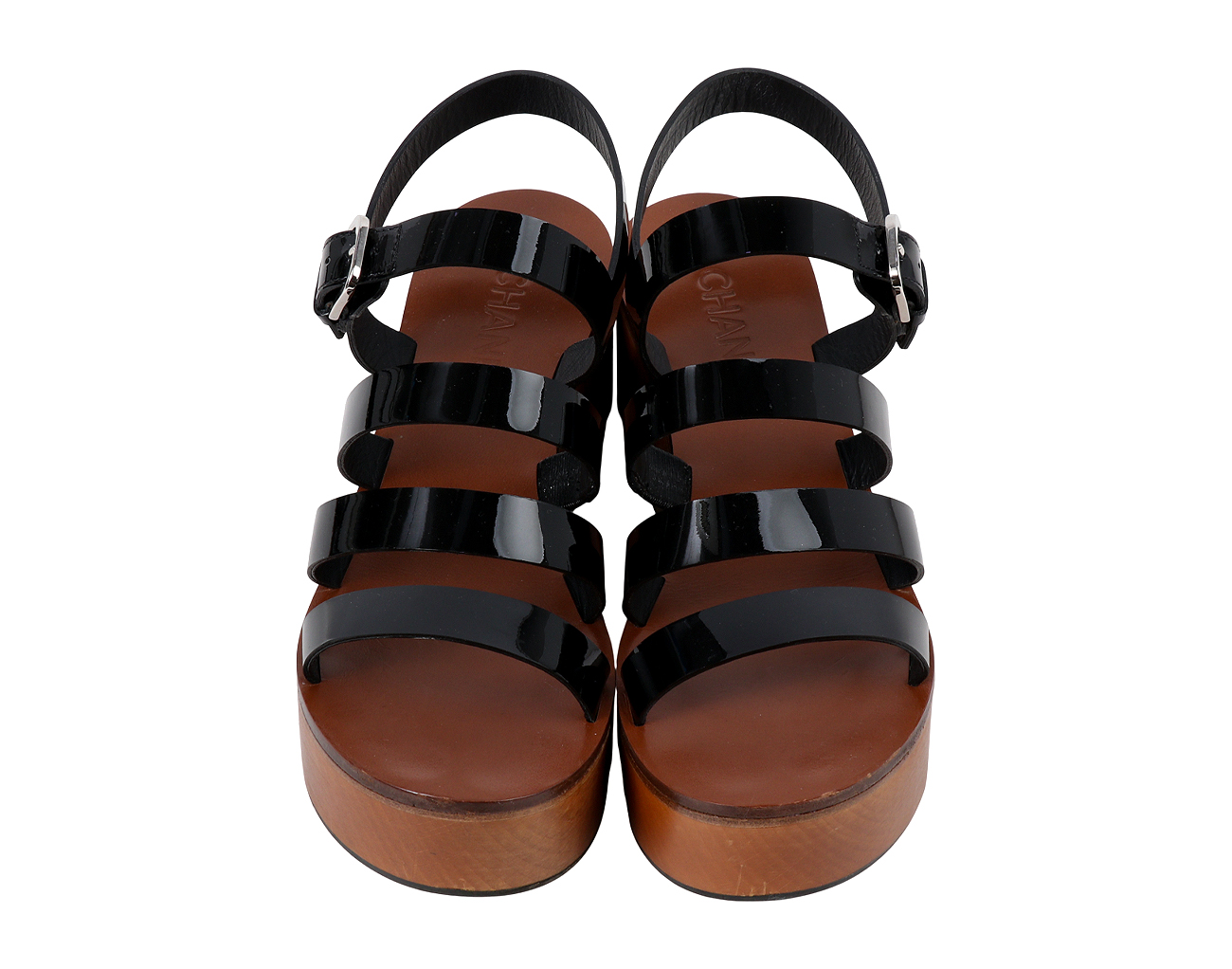 샤넬 페이턴트 우드 샌들 블랙 38