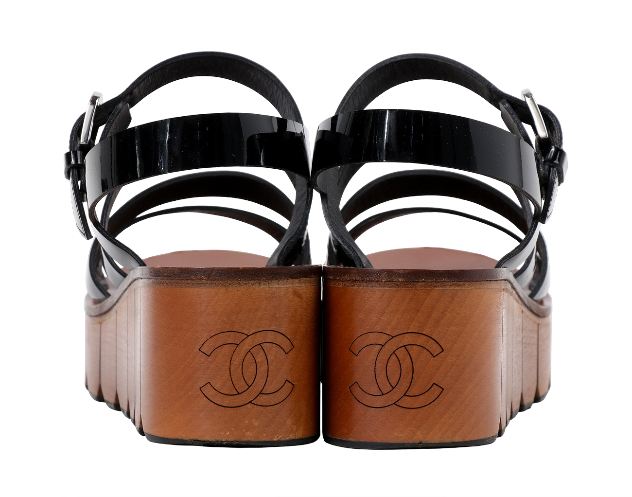 샤넬 페이턴트 우드 샌들 블랙 38