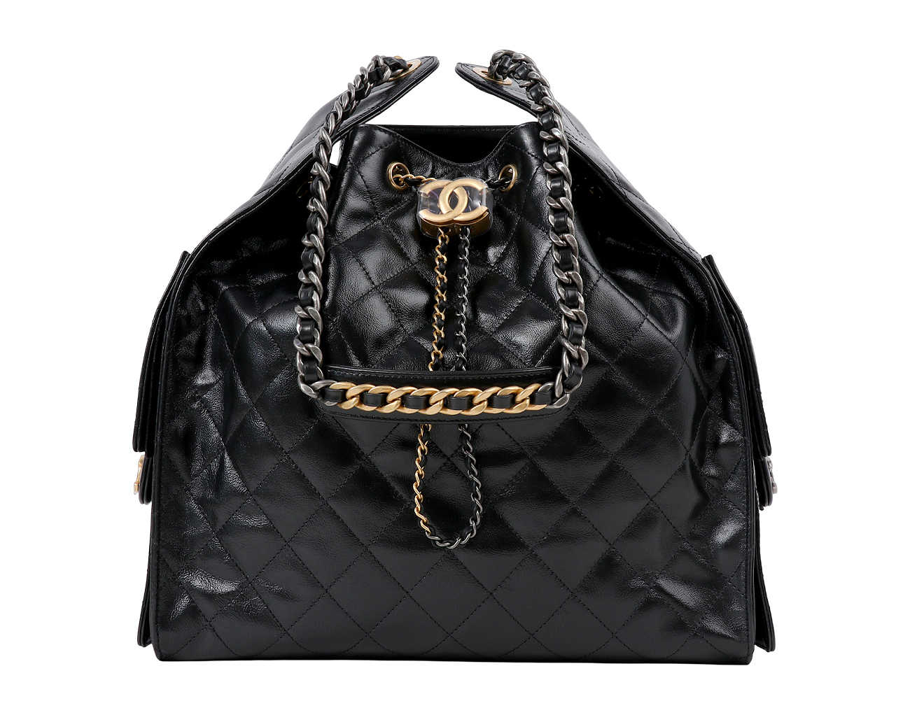 샤넬 25백 미듐 블랙 골드 루테늄 샤이니 크럼플드 카프스킨