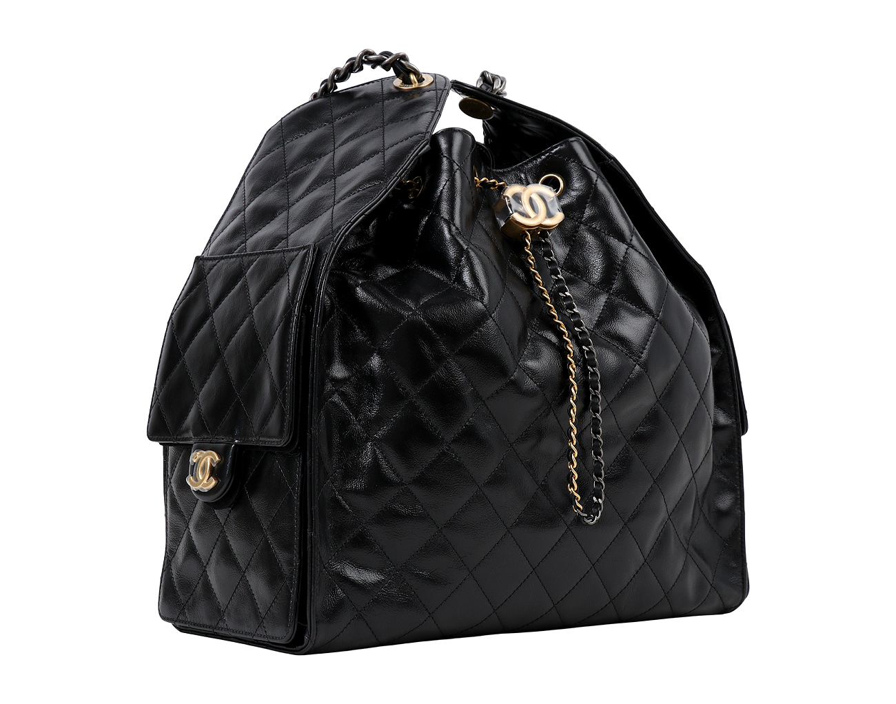 샤넬 25백 미듐 블랙 골드 루테늄 샤이니 크럼플드 카프스킨