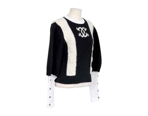 샤넬 CC 벌룬 풀오버 스웨터 블랙 에크루 34