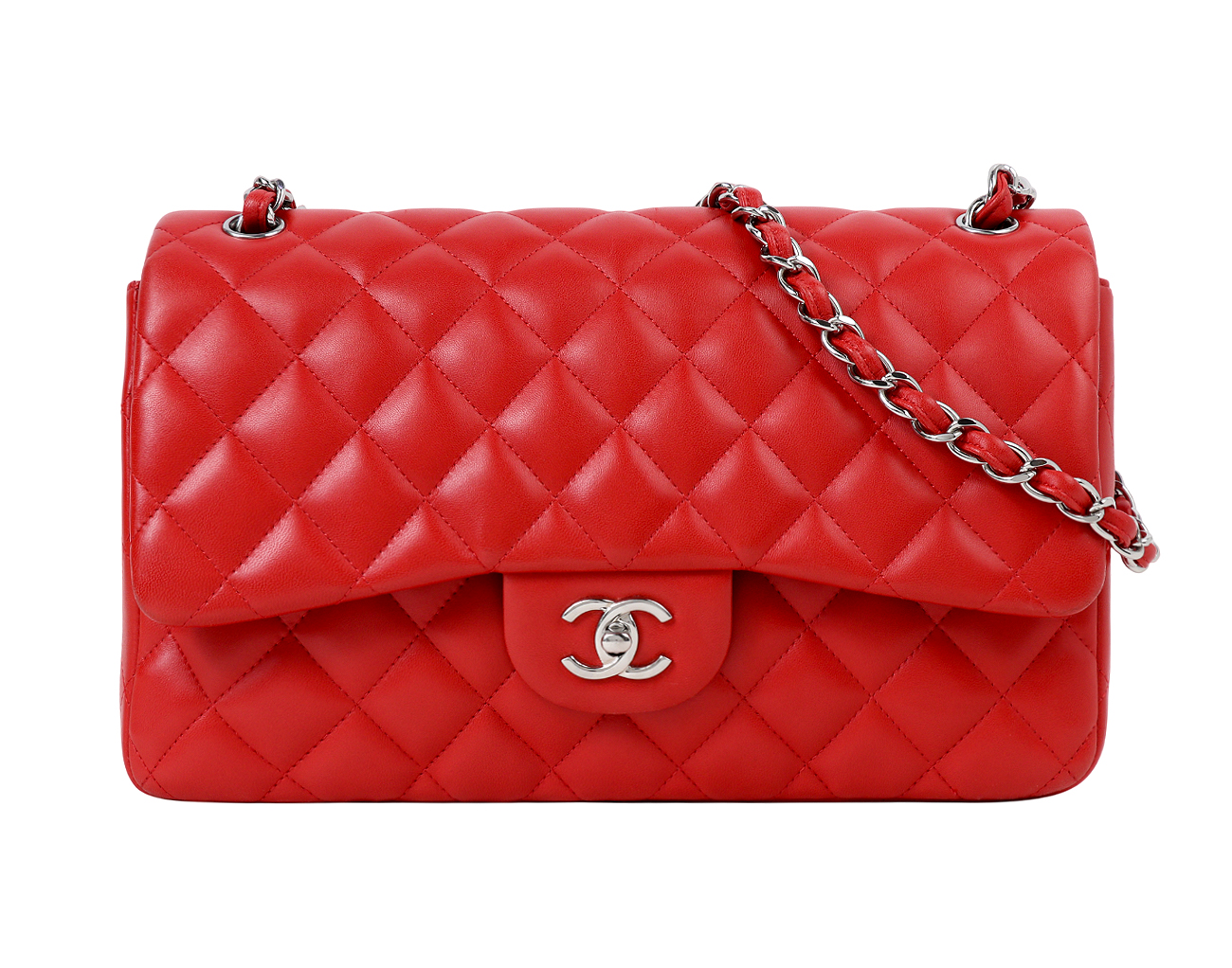 샤넬 클래식 라지 레드 은장 램스킨