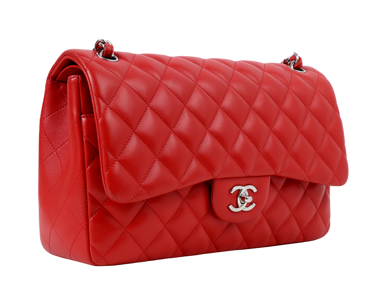 샤넬 클래식 라지 레드 은장 램스킨