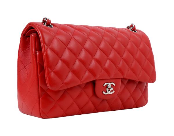 샤넬 클래식 라지 레드 은장 램스킨