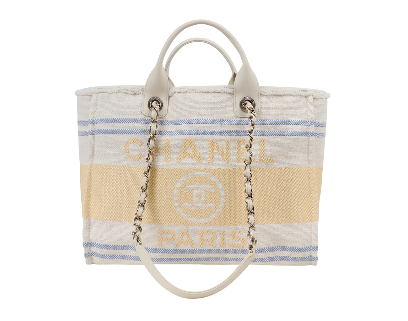 샤넬 도빌 쇼핑백 미듐 에크루 블루 옐로우 금장