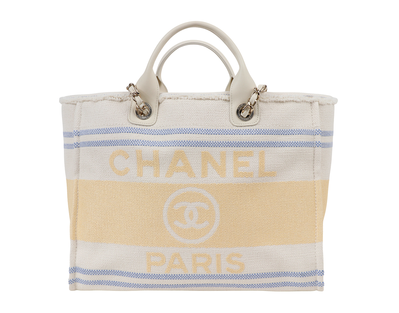 샤넬 도빌 쇼핑백 미듐 에크루 블루 옐로우 금장