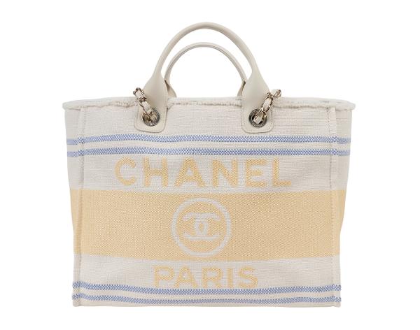 샤넬 도빌 쇼핑백 미듐 에크루 블루 옐로우 금장