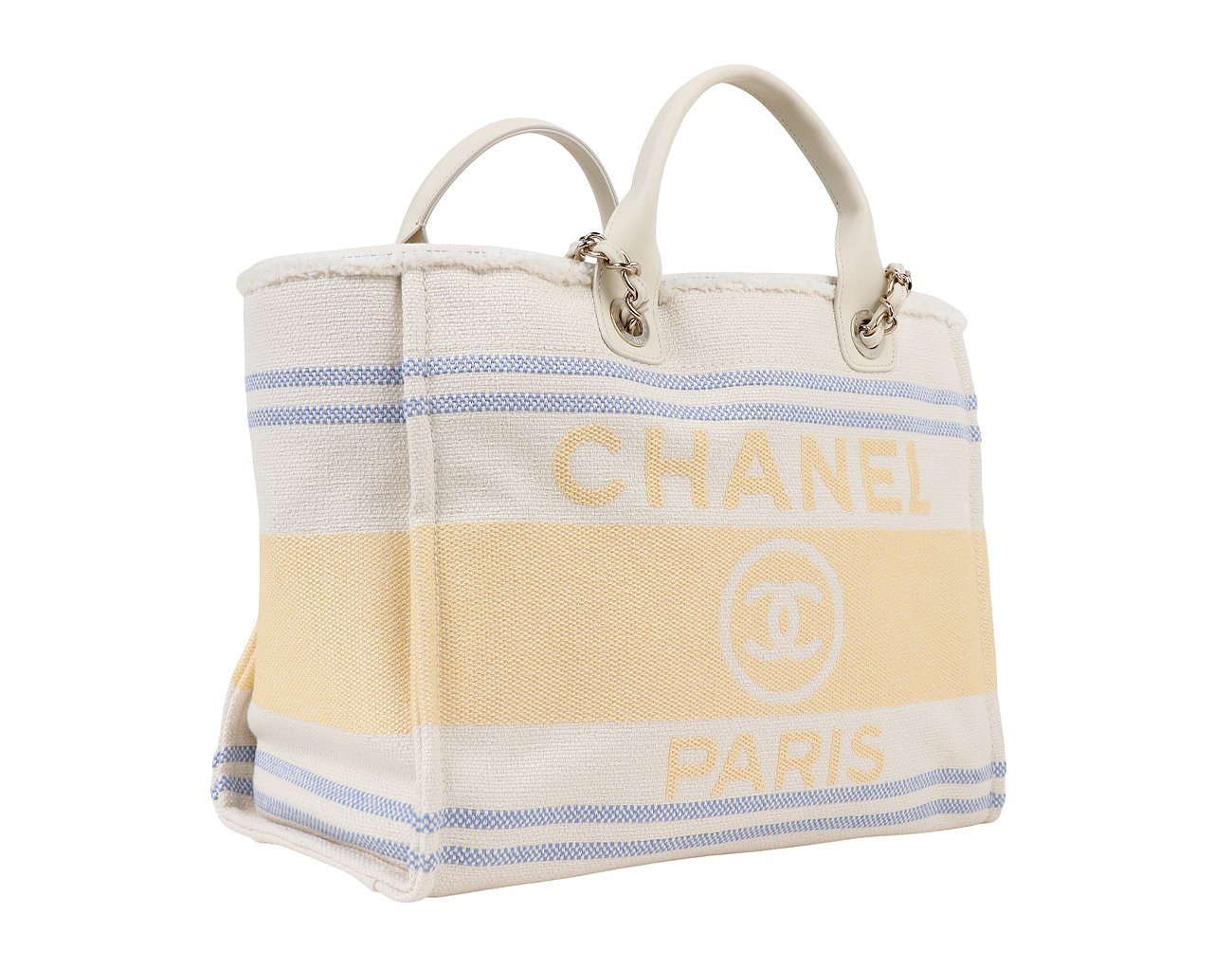 샤넬 도빌 쇼핑백 미듐 에크루 블루 옐로우 금장