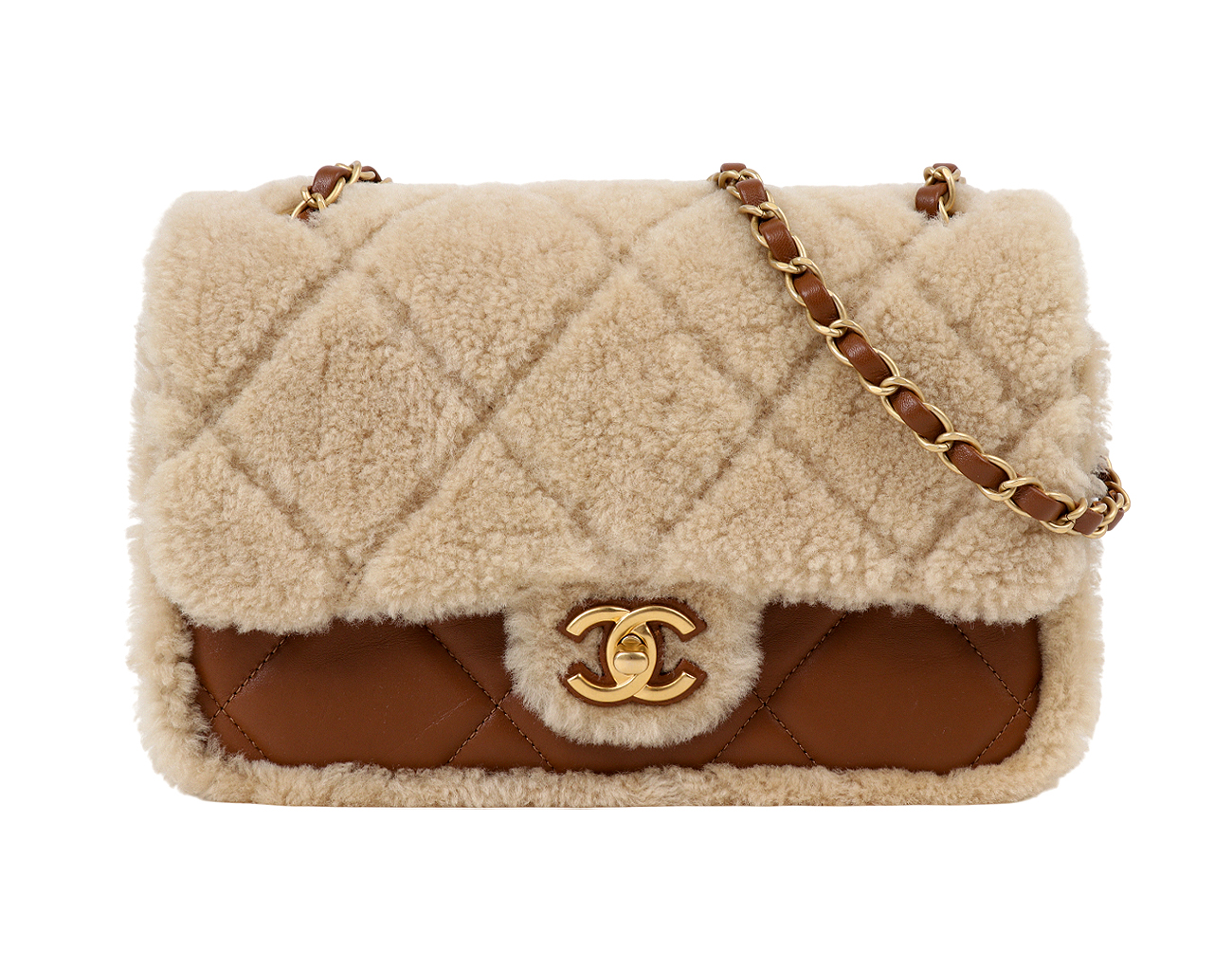 샤넬 시어링 플랩백 베이지 브라운 금장