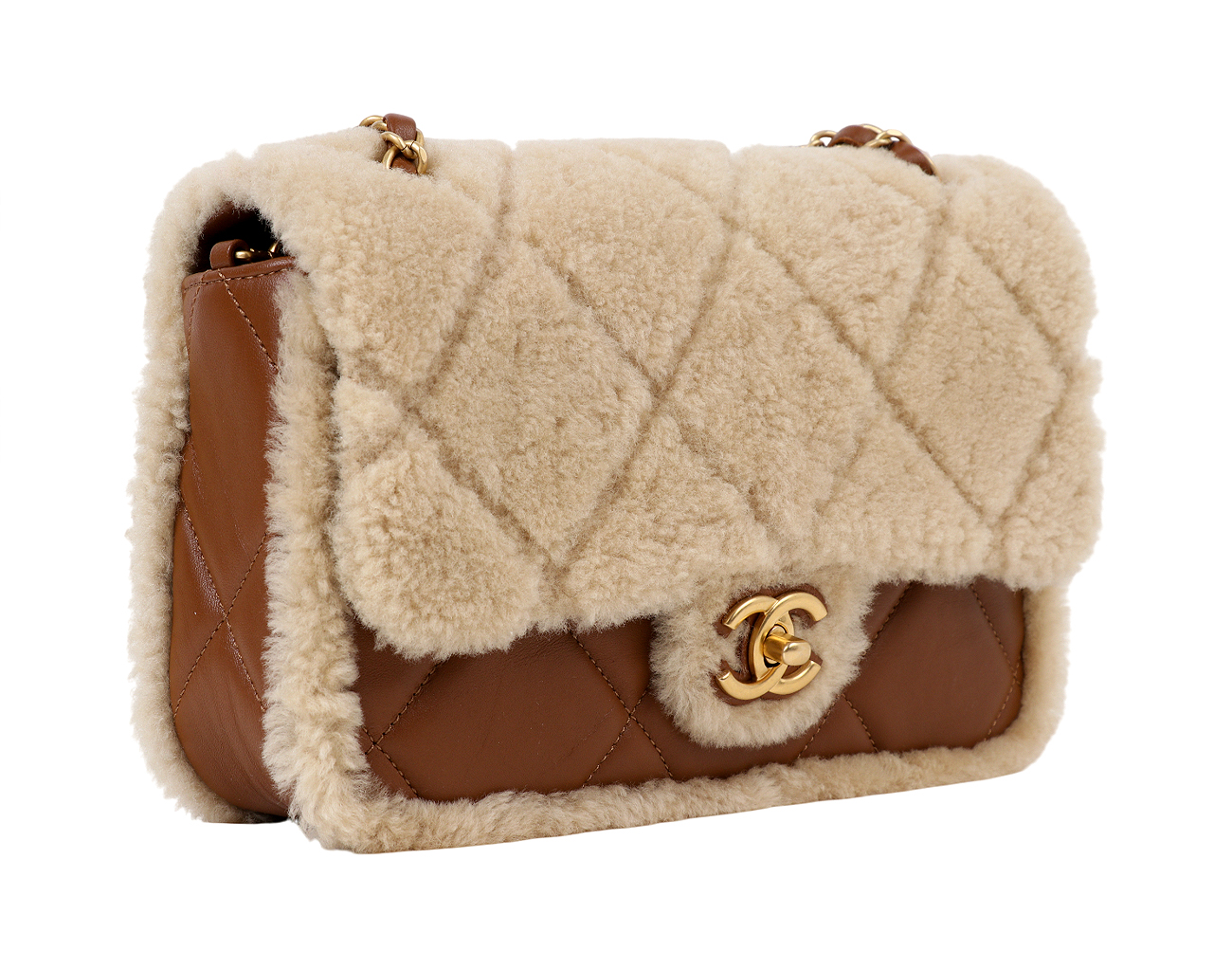 샤넬 시어링 플랩백 베이지 브라운 금장