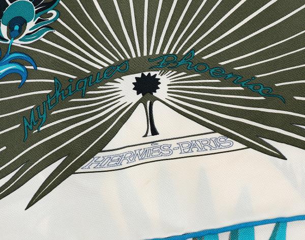 에르메스 까레 스카프 90 미티크 피닉스 콜로리아주 아이보리 터콰이즈 카키