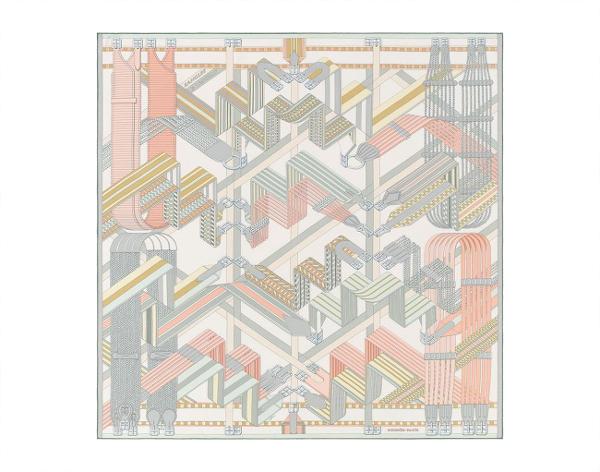 에르메스 까레 스카프 90 상글 엔 지그재그 블랑 베르트 아망드 로즈 뿌드르