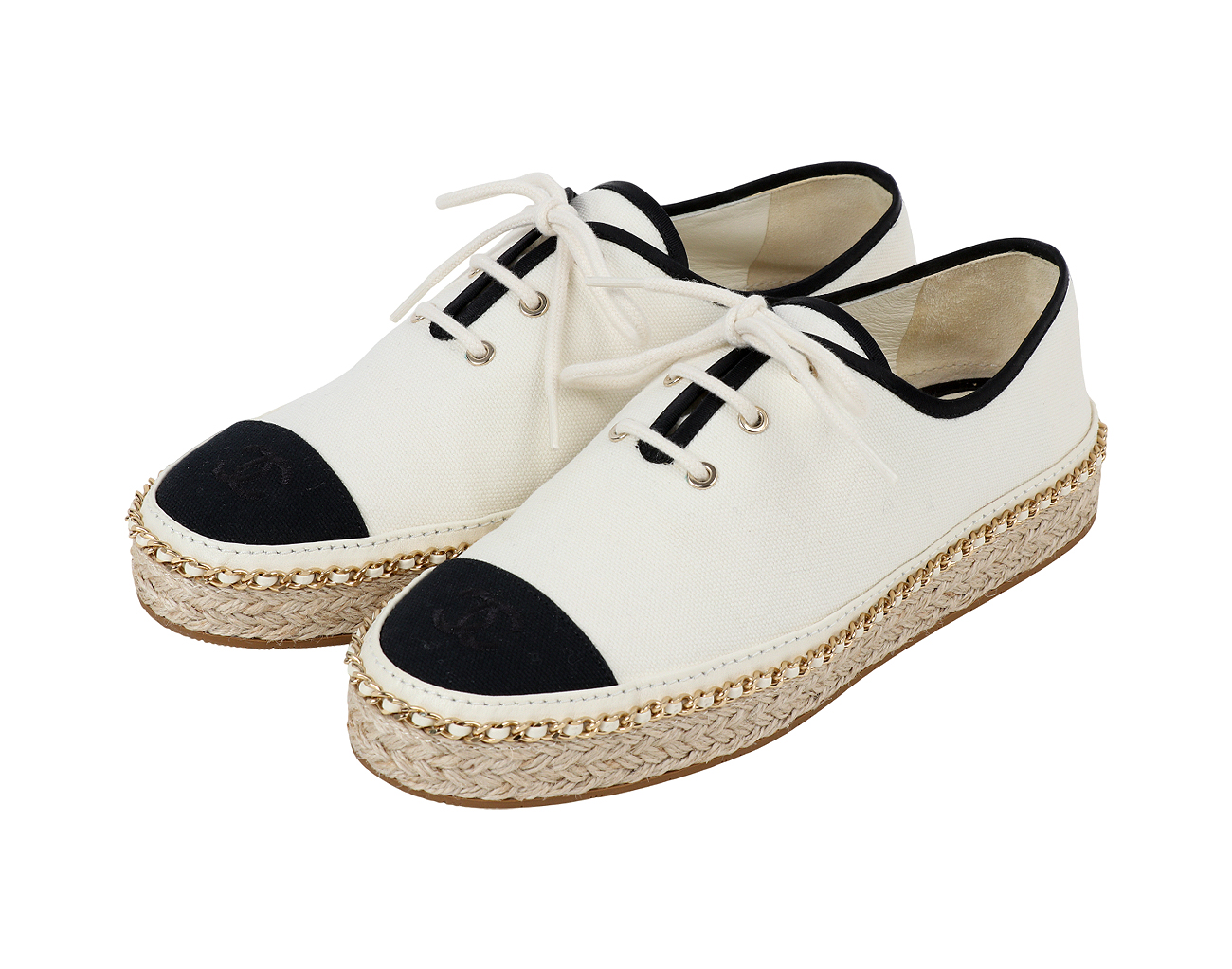 샤넬 체인 트리밍 레이스업 아이보리 블랙 37C