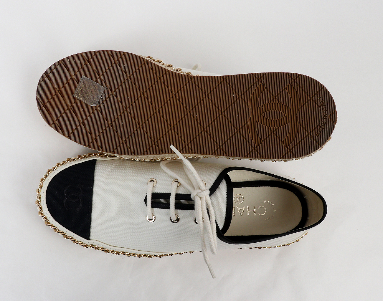 샤넬 체인 트리밍 레이스업 아이보리 블랙 37C